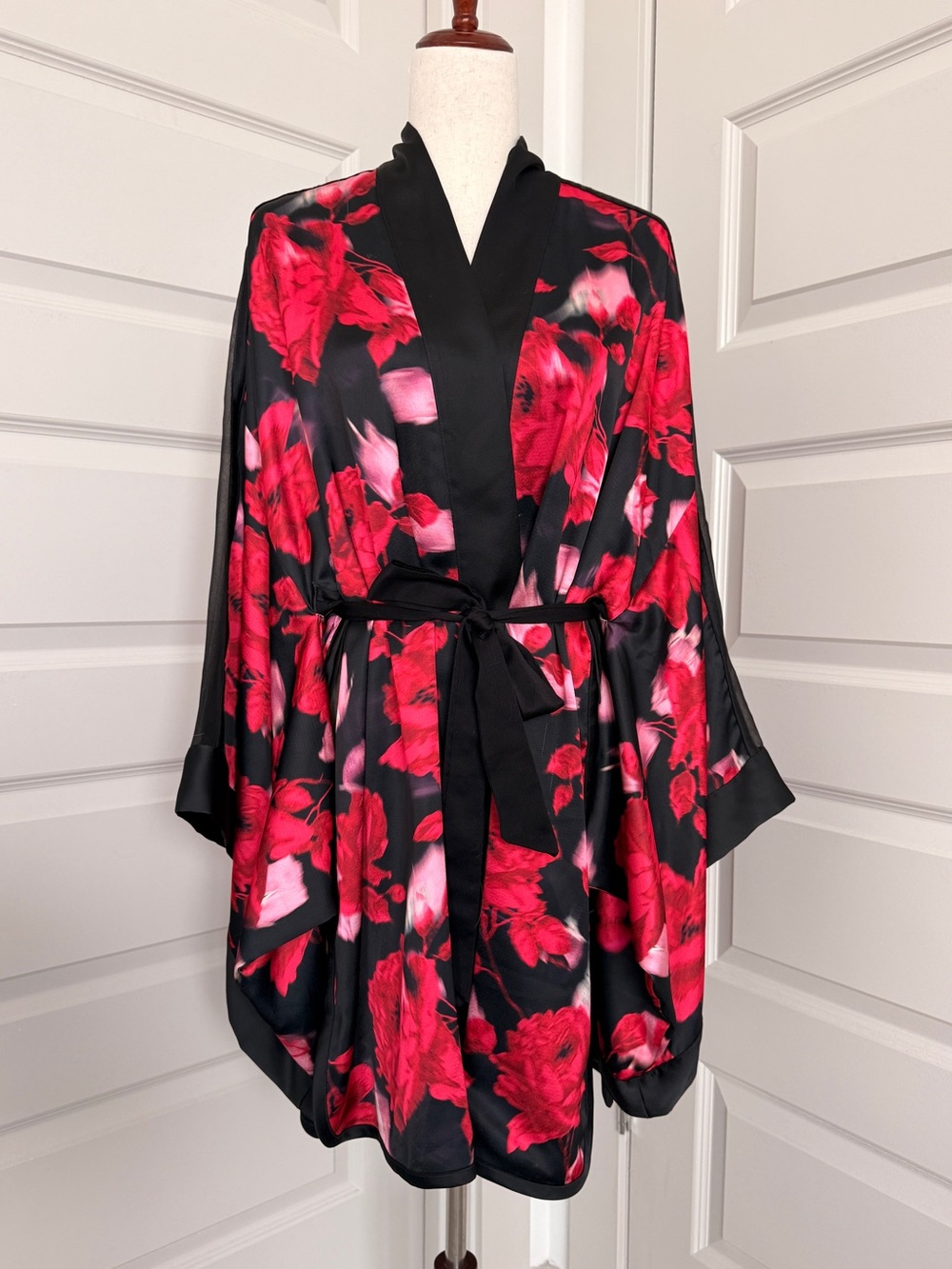 Victoria's Secret Black Satin Kimono Robe with Red Floral Print